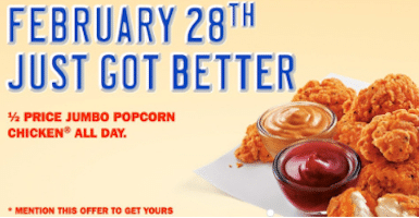 1/2 Price Jumbo Popcorn Chicken at Sonic TODAY (2/28)