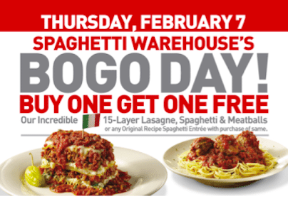 BOGO Spaghetti & Meatballs or Lasagne at Spaghetti Warehouse (2/7 Only)