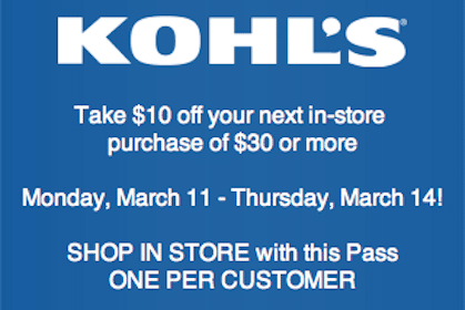Kohl’s Coupon: Save $10 Off $30 Purchase