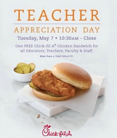 FREE Chicken Sandwich at Chick-fil-A for Teachers & Educators on May 7th