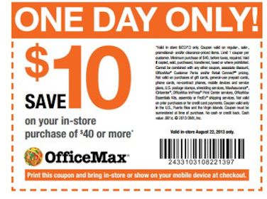 Office Max Coupon: Save $10 off $40 In-Store Purchase (Valid Today Only!)