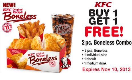 KFC Coupon: Buy One 2-Piece Combo Meal and Get 1 FREE