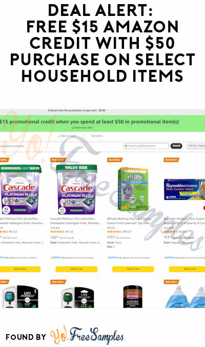 DEAL ALERT: FREE $15 Amazon Credit with $50 Purchase on Select Household Items Like Cascade Dishwasher Packs, Reynolds Bags & More